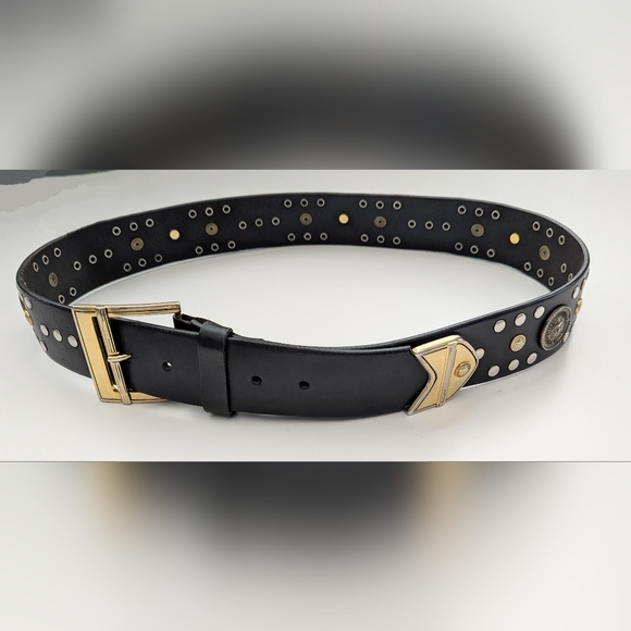 Vintage Unisex Black Studded Leather Sun Medallion Belt - Picture 7 of 11